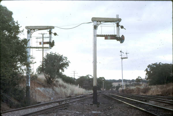 Bowning boasted some interesting signals, the underslung lower quadrants were pulled by levers 7 (left) and 4 (right). The tall signal post behind shows the home for the up main (lever 31) and the signal to control the entrance to the up refuge line behind the platform.