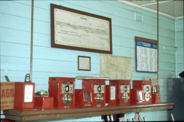 Interior of Bowral Signal Box showing the block instruments. 1980.