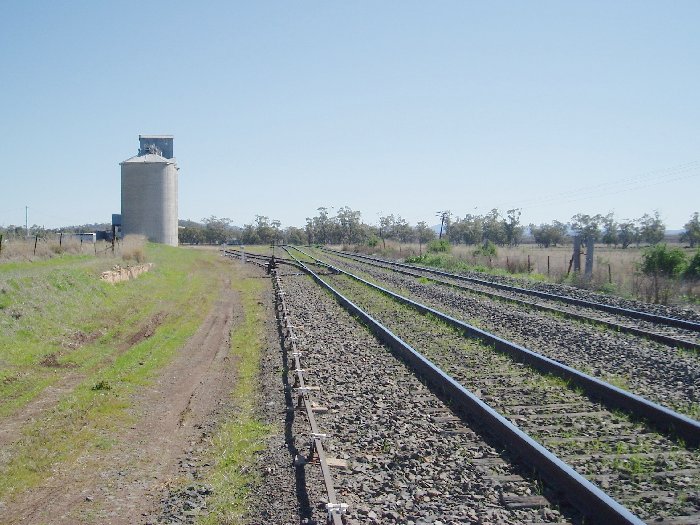 View of Breeza yard looking towards Gunnedah.  The Loop line is on the far left. The silo is disused, but the siding is used for track machine storage.