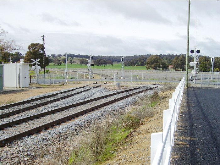The view of the northern arm of the Cootamundra triangle taken from the carpark at the Cootamundra West station. The Main South crosses the picture in the middle distance.