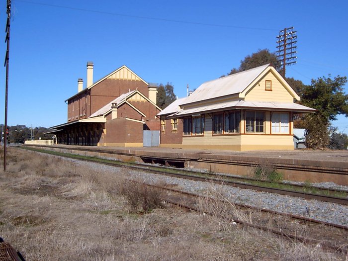 The view looking south east towards the signal box and two-storey station.