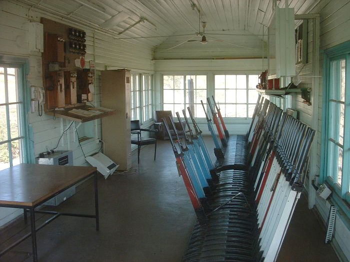 
The interior of the North Box, showing the lever frame and signalling
telephones.
