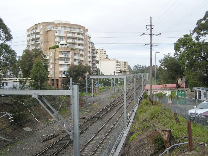 The view looking south from the Pacific Hwy overpass just south of Hornsby Station. The emergency crossover is located at the former level crossing over the line.