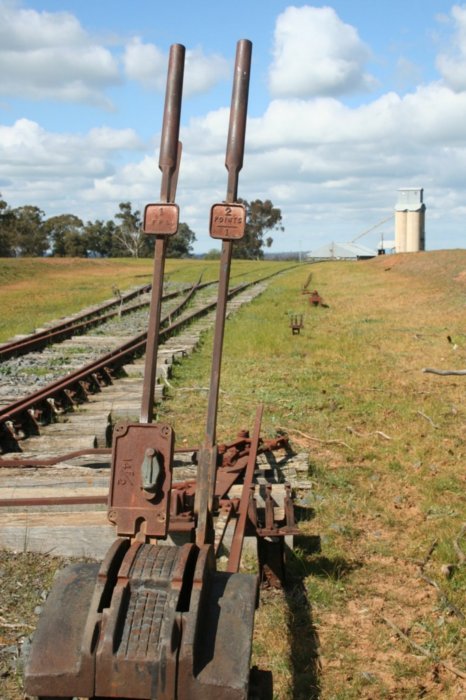 Frame B and the points for the wheat siding at the Rand end of the yard looking back towards Henty.