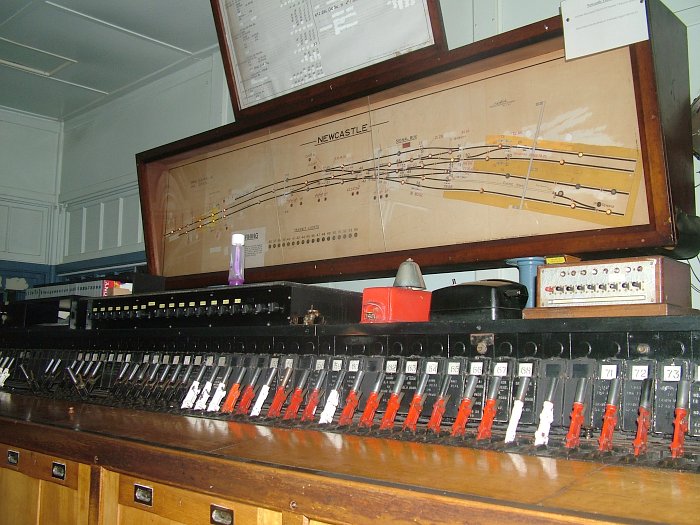 The track diagram and minature lever panel inside the signal box.