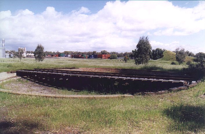 This standard-gauge turntable is still present, north-west of the station.
Tocumwal station is visible in the left distance.
