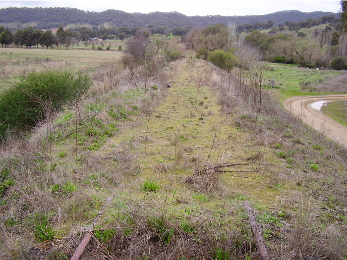 On the eastern side of the bridge the track has also been lifted.  A view of the embankment and earthworks from the eastern end of the timber bridge looking towards Tumut.
