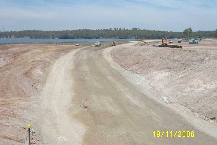 The view looking south west where the formation curves towards the location of the unloader. In the background is Lake Liddell.