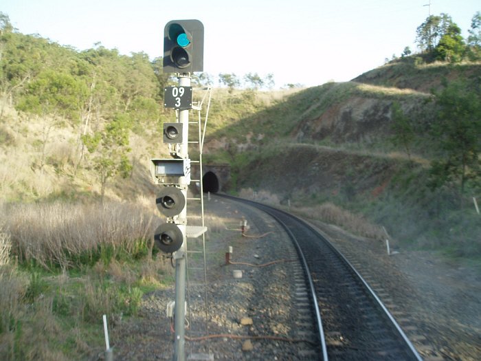 A view of the Down Ardglen Home signal with the southern tunnel portal directly behind it.