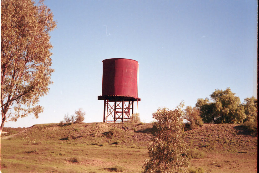 
The unusually-coloured elevated water tank.
