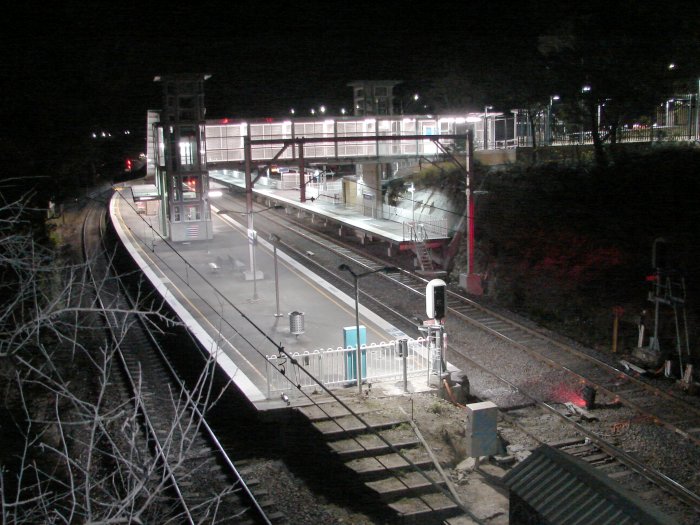 Berowra Station showing new platform 3 (right hand side) and overhead bridge with lifts.