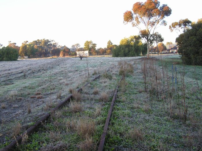 Looking south from Frame B, showing the main line curving off to the right to cross Jerilderie Street and dead end siding running off to the left.