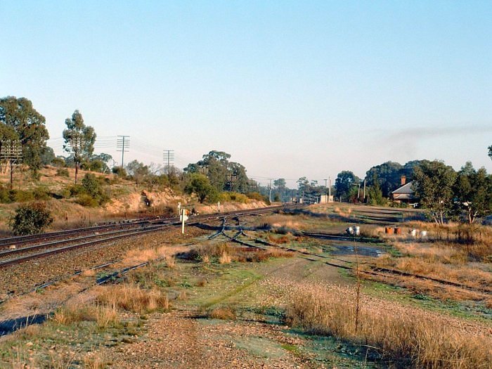 The view looking south towards the station location. The tracks in the foreground are the former goods and grain sidings.
