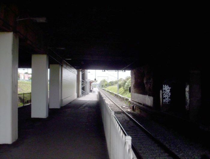 
The view from the down end of the station looking under the King Georges Road
over-bridge.
