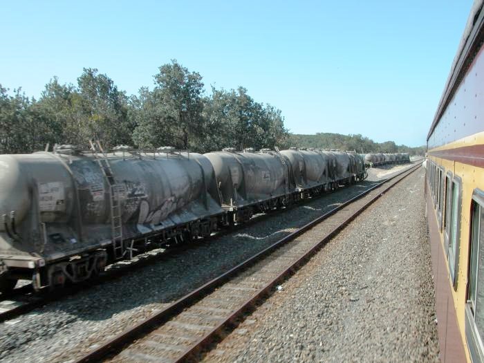 Cement wagons sit in the Blue Circle siding on the far side of the loop line.