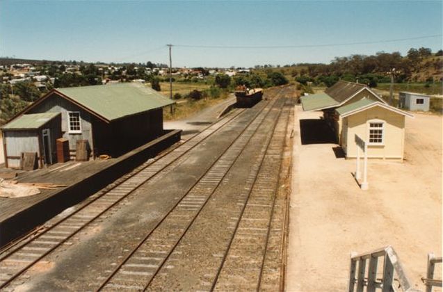 
The view looking towards the end of the line, showing goods shed, loading
bank and main station.  In the distance, wool is being loaded from a
truck onto some wagons.
