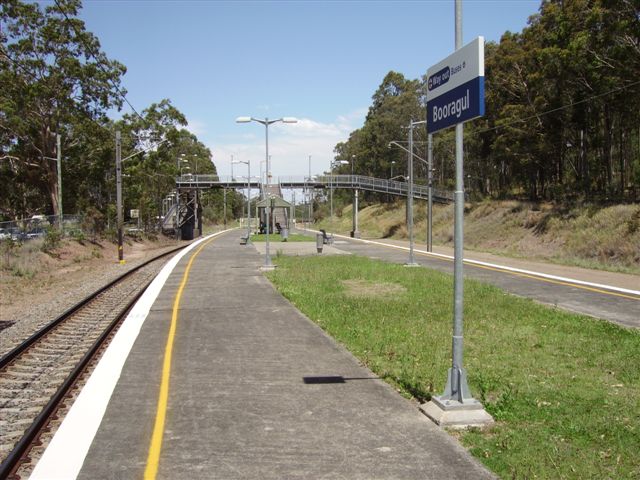 Looking south, showing the sole access to island platform via the footbridge. Both approaches to the footbridge are ramps , but it is steps down to the platform.