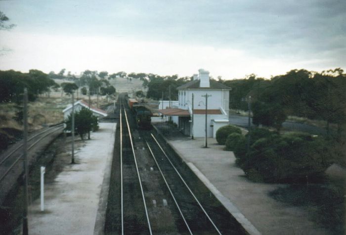 
A freight train is heading south through the station, in this view looking
back towards Sydney.
