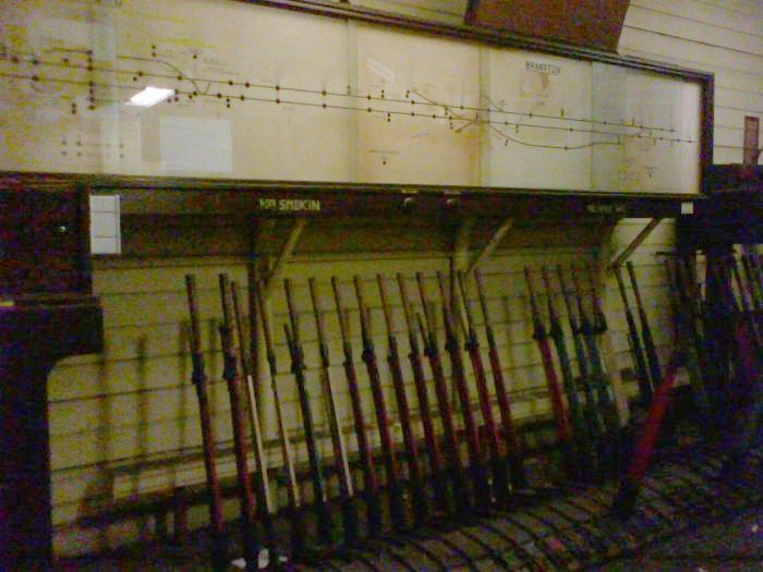 The interior of the signal box on the platform. At the left are the passing loops at Belford, while on the right is Branxton station.