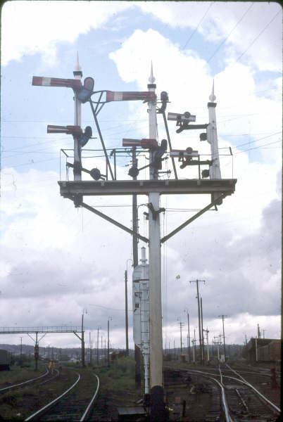 Various signals at Broadmeadow yard, no electric lines to be seen.