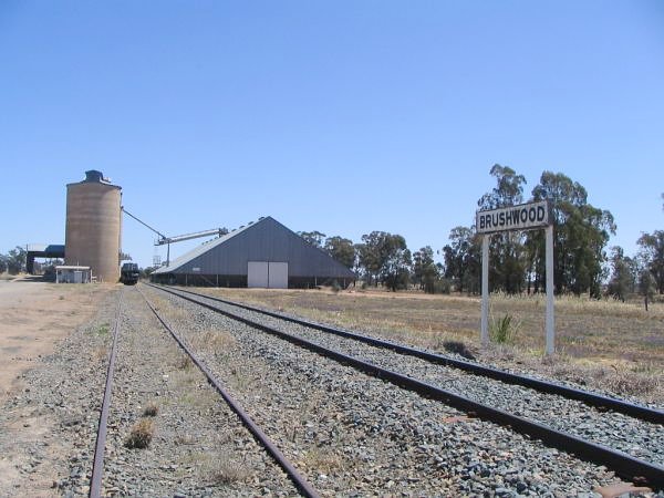 The original station sign flanked by grain facilities.