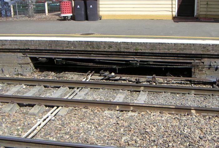 
The portal under the platform where the rodding and wires emerge from
the lever frame in the signal box.
