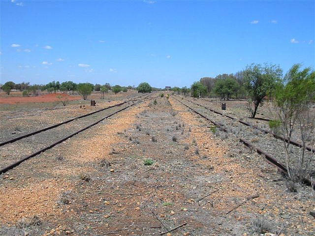 
A view of the yard.  The branch to Brewarrina is on the left, with the
main line on the right.  The two object on either side may be
kerosene powered track indicators.
