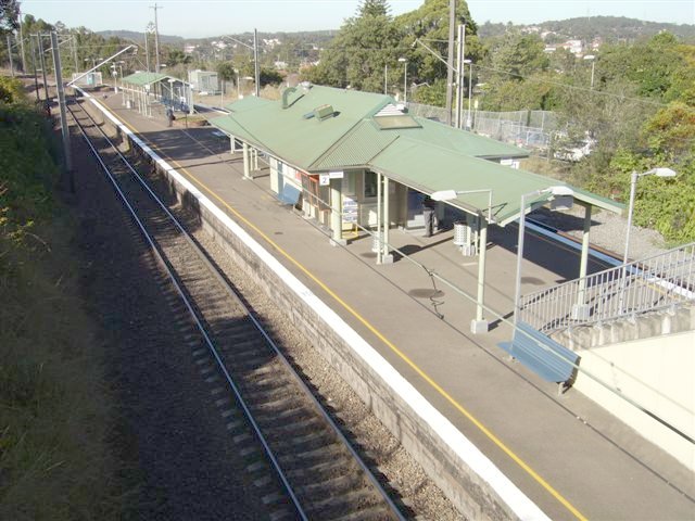 The island platform and structures that comprise Cardiff Station, as viewed from the footbridge at the Sydney end of this CityRail station (No CountryLink services use Cardiff).