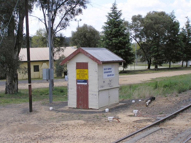 The signal hut on the eastern side of the Newell Highway level crossing.