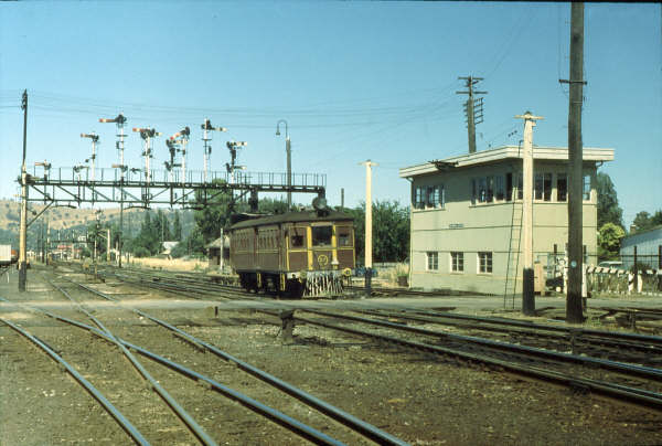 Cootamundra South Box with Rail Motor 27 headed north to Cootamundra Station from the Tumut line.