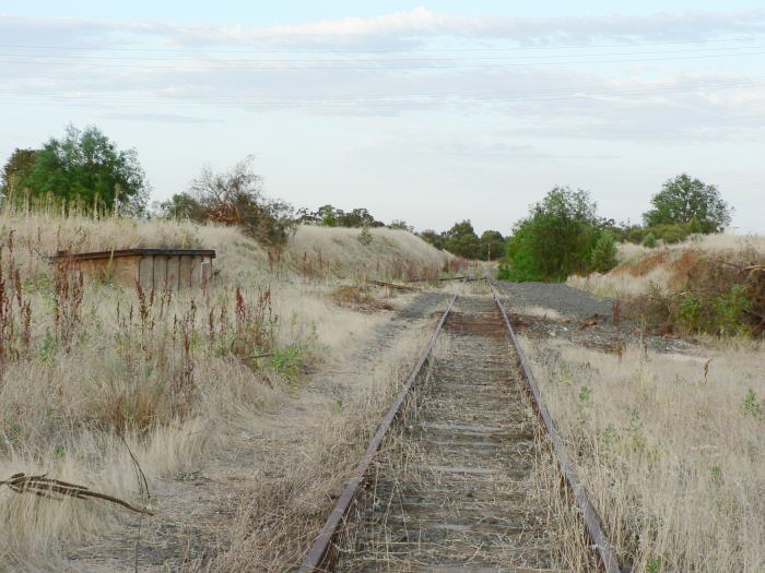 The view looking north, with a loading bank on the left. The goods siding (left) and loop siding (right) have been lifted.