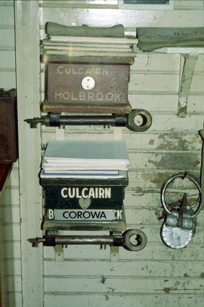 The staff and ticket boxes for both Holdbrook and Corowa in Culcairn Signal box.