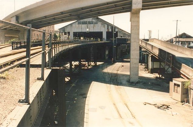 
The tracks leading into the upper and lower levels of the Double Tier Goods
Shed.
