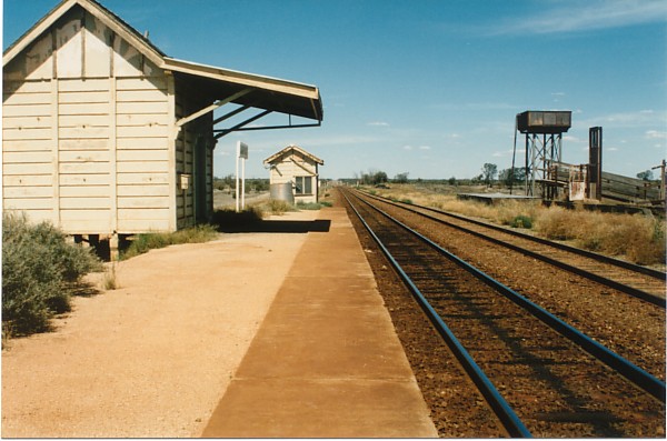 
The view looking east along the platform, showing the water tank and cattle
loader.

