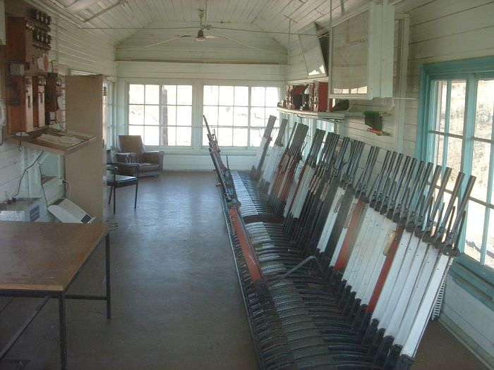 
The interior of the North Box, showing the lever frame and safeworking
instruments.
