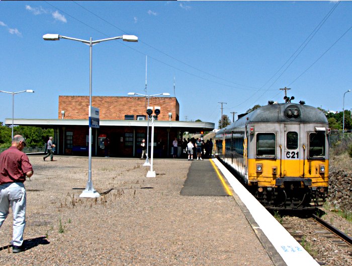 Looking south as soon to retire 621 - 721 stand in the back platform of Dungog Station during a farewell tour.