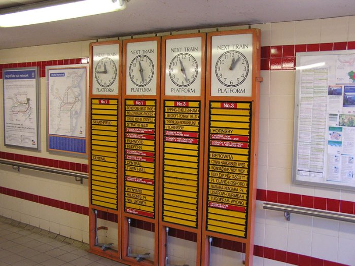 The older style Passenger Information Display in the pedestrian subway beneath Eastwood Station.