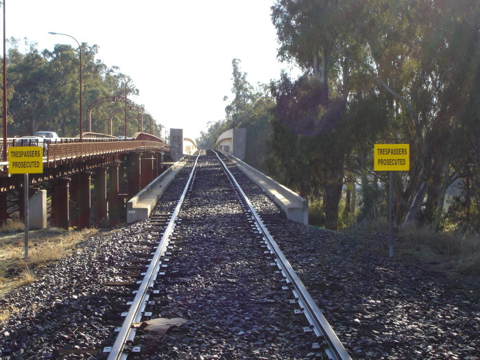 The view looking north along the new railway bridge over the Murray River.
