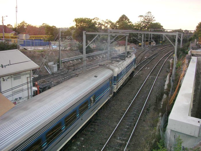 The view looking south from the road over bridge, showing an Up XPT service heading towards Sydney.