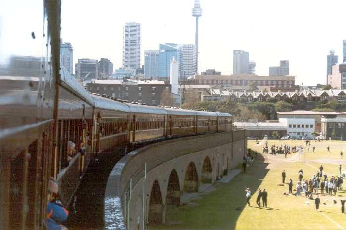 
The view looking back towards the city from a tour train passing along the
viaduct above Wentworth Park.
