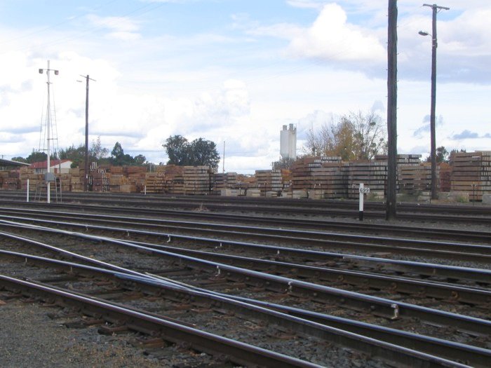Timber stockpiled at Grafton station with a 699 kilometre marker in the foreground.