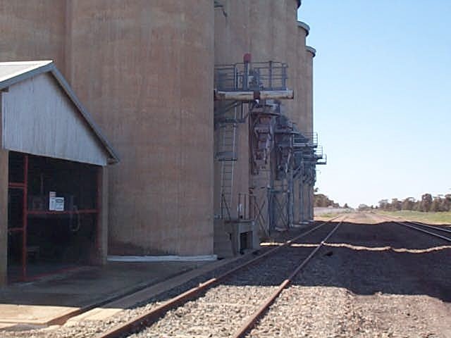 The view looking east along the unloading chutes for the grain silos.