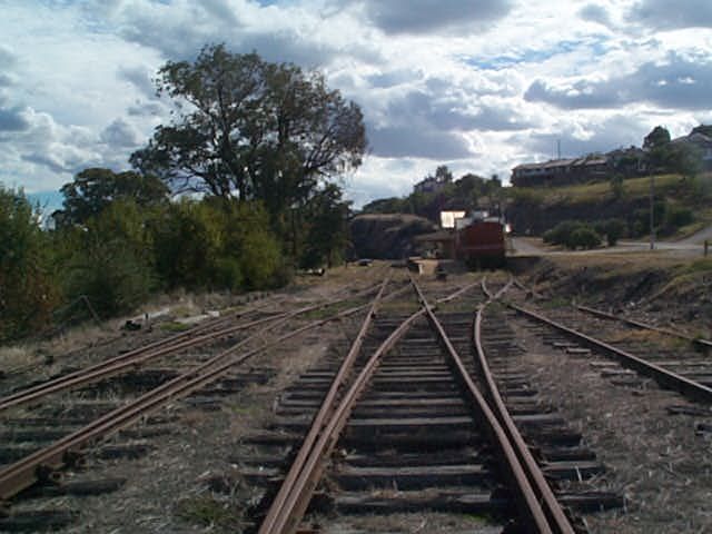 
The approach to the station from the up end.  A wagon sits in the dock siding
on the right hand side.
