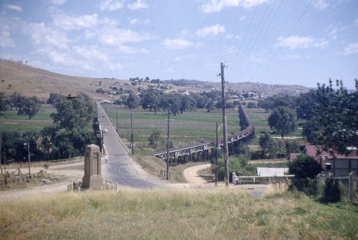 The view looking south over the viaduct over the Murrumbidgee flood plain. The road in the distance is the former Hume Highway.