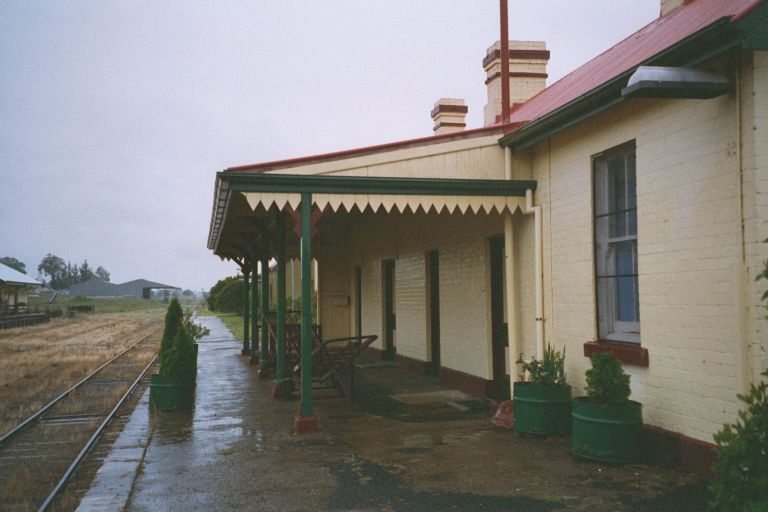 
The view along the platform showing the well-preserved station building.
