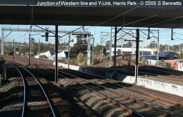 The junction of the Western line (left) and the Y link from Merrylands (right) at Harris Park. The bridge over the railway is Western Freeway flyover.