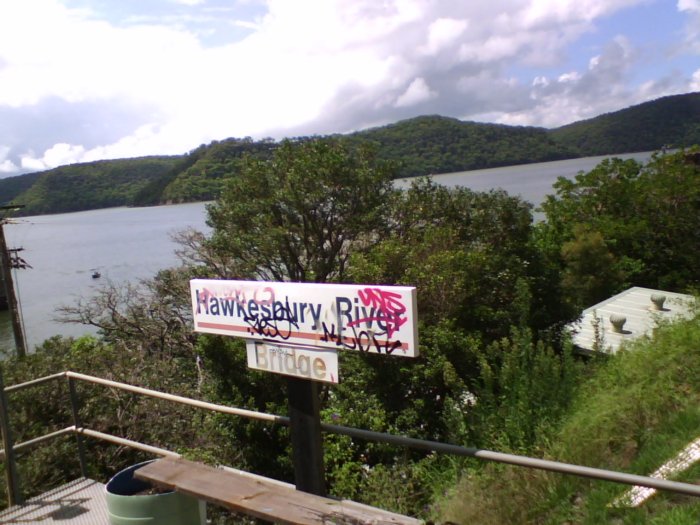 The short worker's platform at the south end of the railway bridge over the Hawkesbury River.