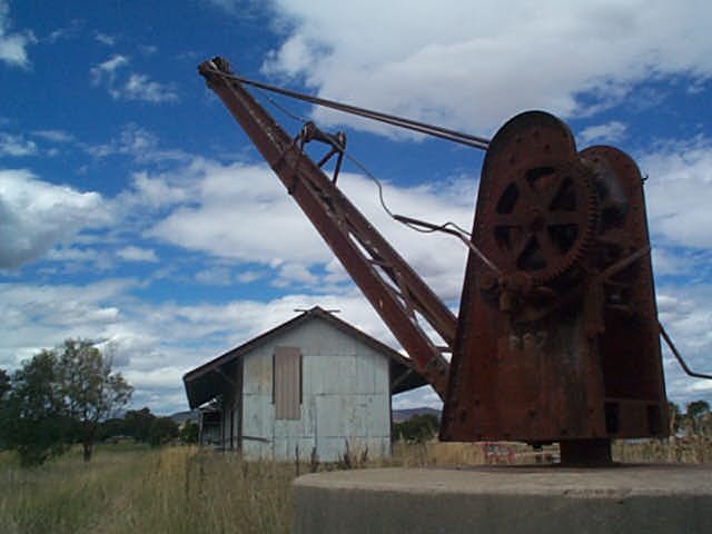 
A close-up view of the jib crane, with the goods shed in the background.
