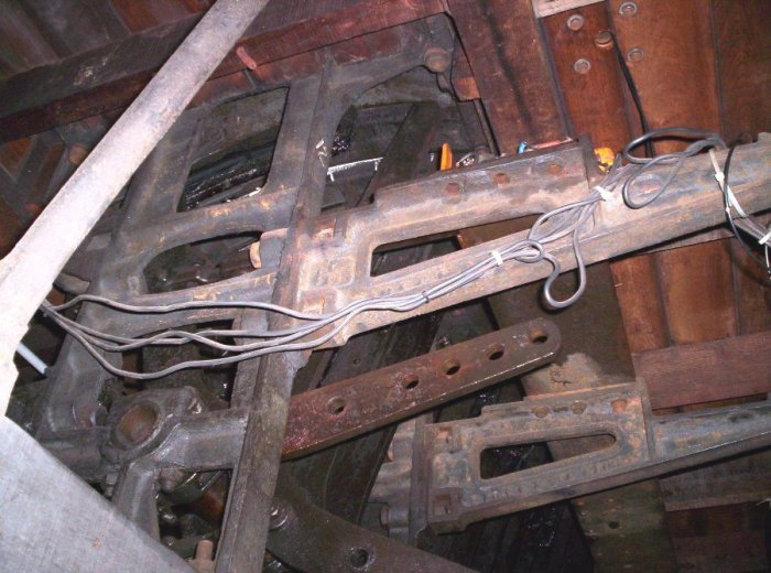 A view of the mechanism under the lever frame.