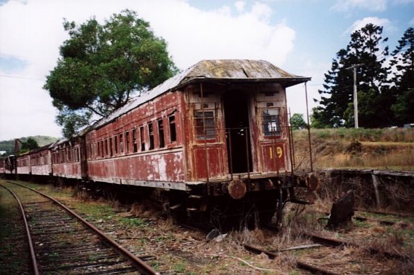 
A closer view of the derelict carrianges at Lowanna.  The tree is growing
between the carriages.
